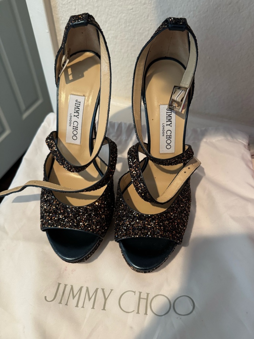 Jimmy Choo Black & Bronze Glitter Strappy Platform Heels